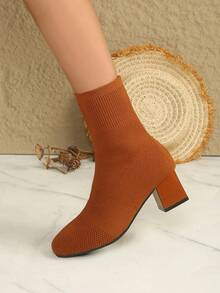 2025 Autumn/Winter New Square Toe Mid-Calf Brown High Heel Chunky Heel Elastic Boots For Women