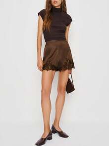 Women Pettipants  Shorts Lace Trim Satin Silk Bloomers Bottoms Elastic Waist Lace  Shorts - 棕色 - 查看 4