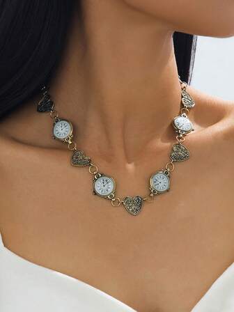 1 件复古性感金属雕刻心形和时钟印花透明滴油项链，小众高端锁骨链
