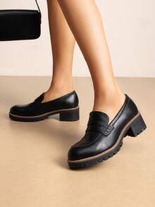 Women Loafers Platform Chunky Almond Toe Design Slip On Comfortable Office Lady Classic Simple Style Shoes - BLACK-PU - View 4