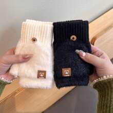 Women's Thick Half Finger Flip-Top Gloves, Cute Winter Cycling Warm Knitted Gloves For Writing And Typing