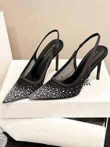 Xin Jing Shoes New Spring/Summer Women's High Heel Sandals, Fashion Versatile Pointed Toe Mesh Rhinestone Wedding Party Hollow Stilettos - Black - View 11