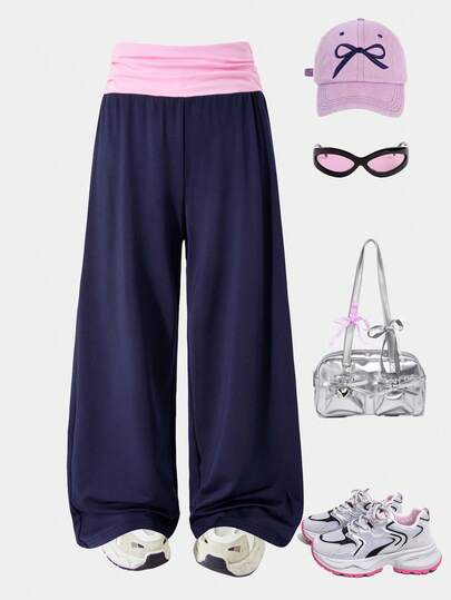 Girls' Casual Color Block Foldable Waist Wide Leg Pants, Spring/Summer Back To School Season