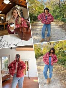 Women's Cropped Checkered Sherpa Jacket Fuzzy Fleece Zip Up Hooded Winter Lounge Coat - 紅色 - 查看 5