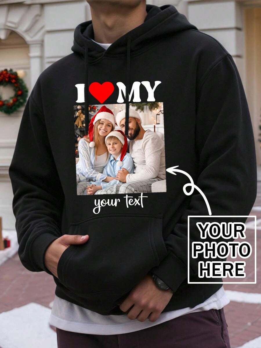 Customized Hoodie For Valentine's Day, Personalize With Your Photo, Custom Text + Graphics, Custom Logo, Text/Name/Blessing/Holiday/Anniversary, Personalized Text, Birthday/Valentine's Day/Father's Day/Party Anniversary/Birthday Gift Customization - Black - View 1