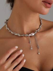 1PC "Elegant Asymmetrical Faux Pearl Beads Necklace For Women Vintage Party Wedding Tassels Choker Fashion Jewelry Accessories Gift " - Necklace - View 2