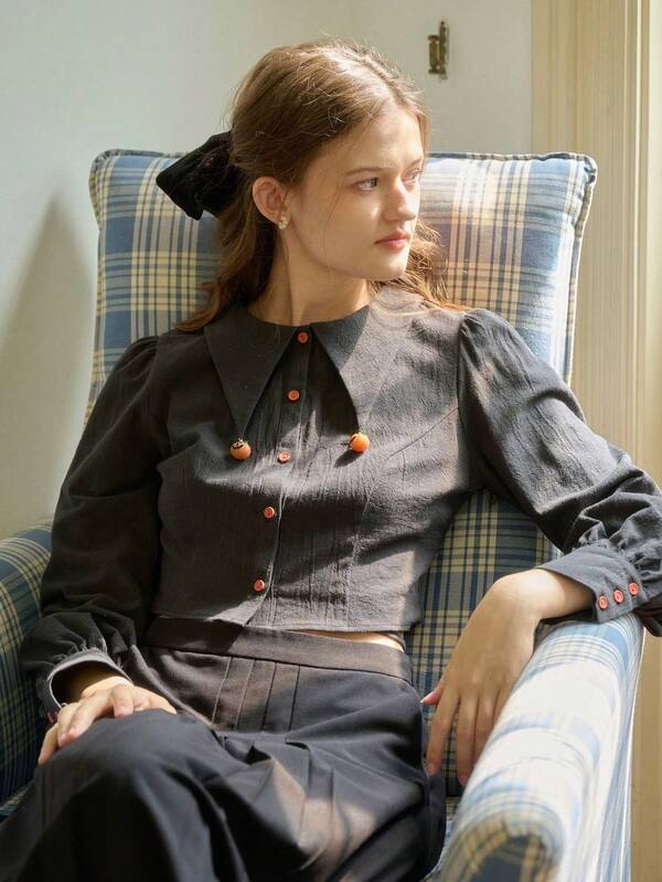 Simple Retro Women's Autumn And Winter Small Round Neck Halloween Collision Pumpkin Chapter Boy Black Elegant Retro Temperament Fit Long-Sleeved Casual Shirt