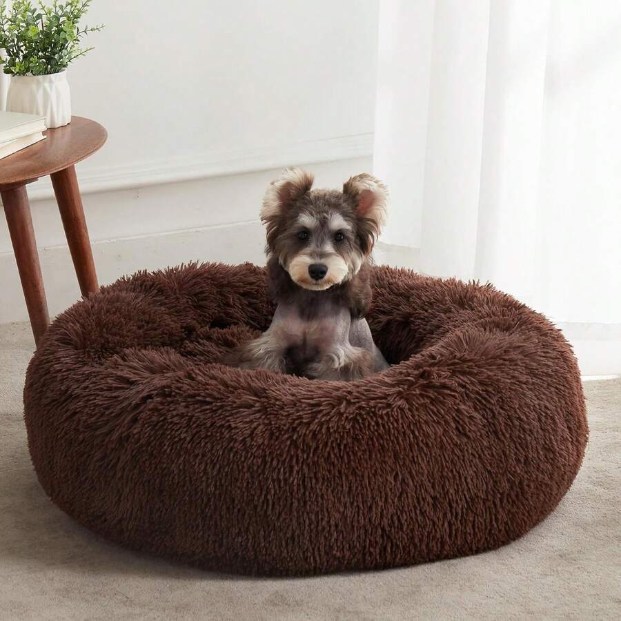 Calming Soft Round Dog & Cat Bed, Anti-Anxiety Donut Cuddler Warming Cozy Fluffy Faux Fur Plush Cushion Bed For Small Medium Pets (20"/24"/27"/30"), Light Grey - 咖啡 - 查看 1