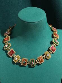 Conjunto de joyería vintage con acabado envejecido de collar y pulsera de cobre chapado en oro de 18K con diseño geométrico cuadrado de esmalte en relieve, accesorios para bodas