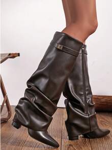 Slip-On Knee-High Boots With Chunky Heels, Minimalist And Versatile Pointed Toe, High Shaft, Women's Sexy Lady Rider Boots - Coklat - View 3
