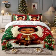 3 PiecesChristmas-Themed Quilt Set,(1 Set +2 Pillowcases, No Core) Printed With The Image Of A Black Cherub With White Wings, Surrounded By Christmas Trees, Christmas Socks, Stars And Other Elements, Suitable For Your Sleep All Year Round. Comfortable Experience