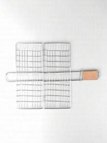 1 pieza Rejilla de acero inoxidable antiadherente multiusos, estilo de camping al aire libre con forma de rejilla desmontable y portátil para parrilla de barbacoa con mango de madera para asar alitas de pollo, berenjena, pescado, perfecta para fiestas de barbacoa de verano, picnics y eventos de parrilla en el patio trasero