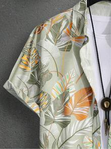 Conjunto de dos piezas de camisa y pantalón corto de estilo vintage para hombre con estampados botánicos tropicales - Verde - Ver 4