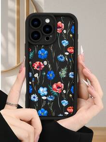 1PC ブラック地にブルーとレッドの水彩風花が描かれたスマホケース ナチュラルで洗練されたボタニカルデザイン 鏡頭完全保護、衝撃吸収・傷防止機能付き 対応機種：iPhone17/16/15/14/13/12/11PLUS/PRO/PROMAX - ブラック - チェックする 4