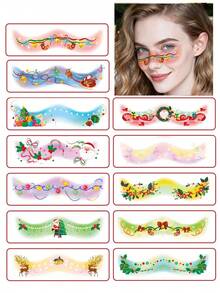 (Set Of 12) Colorful & Adorable Christmas Temporary Face Tattoos, Includes Rainbow Colors, Santa Claus, Reindeer, Sleigh, Stockings, Plants, Bells, Gifts, Snowflakes, Sweet & Cute For Girls, Also Suitable As Christmas Gifts For Friends - Multicolor - View 2