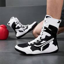 Men's Professional Wrestling Shoes, High-Top Competition Training Shoes, Wrestling Shoes & Fitness Boots, Colorful Patchwork Sports Shoes, Synthetic Leather & Mesh Material, Indoor Fitness Non-Slip Boxing Training Shoes, Suitable For All Seasons, Size: 39-48 - Black and White - View 4