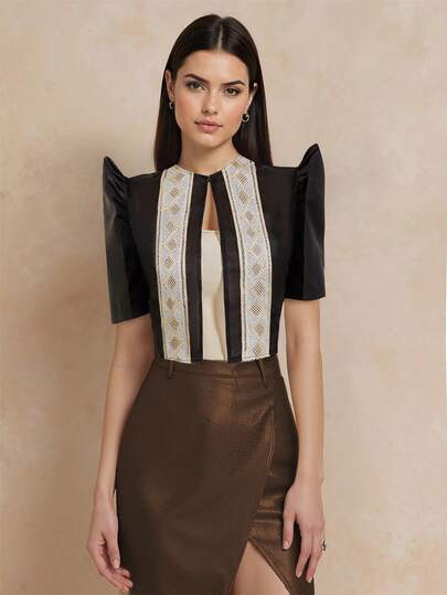 Amyenjoylife Modern Filipiniana Summer Women's Elegant Temperament Patchwork Bubble Sleeve Short Sleeved Cardigan Top Bolero Filipiniana For Women