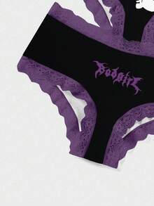 3件套豹纹、骷髅和字母印花蕾丝拼接女士低腰内裤 - 紫色 - 查看 5