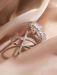 rakol 2 Stücke einfacher Silber-farbener Kubikzirkonia-verzierter Frauen-Ringe Set