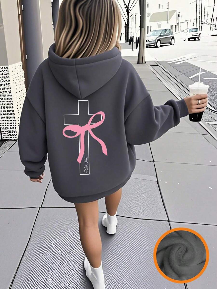 Tween Girl Graphic Print Thermal Lined Sweatshirt, Warm & Comfortable For Autumn/Winter