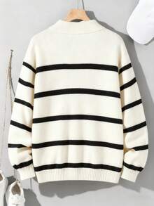 1pc Teen Boys Classic Striped Collared Half-Zip Sweater