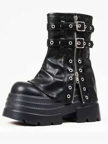 Women's Pleated Fold Over Ankle Boots Round Toe Buckle Moto Biker Boots Platform Chunky Heel Goth Thick Sole Slouched Ruched Booties For Women - 黑色 - 查看 9
