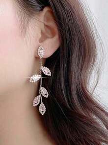 1 Pair Cute Leaf CZ Zirconia Women Dangle Earrings For Bridal Wedding Jewelry Gift For Lover Wife Engagement Anniversary - 玫瑰金色 - 查看 2