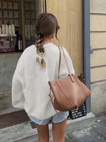 女士休闲纯色圆领长袖针织套头衫，适合万圣节和圣诞节