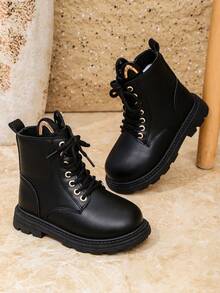 1 Pair Matte Black Mid-Calf Children's Boots, Solid Color Girls' Princess Short Boots, Non-Slip Rubber Soft Sole Increased Height, Gold Eyelets Front Lace-Up Side Zipper Round Toe Soft PU, Suitable For 3-15 Years Old Boys & Girls, Casual, School, Holiday, Travel, Party, Autumn/Winter 2025 New Arrival - Black - View 2