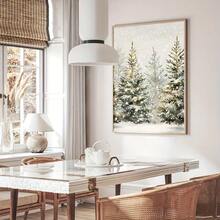 2D Flat, 1pc Snowy Pine Trees Christmas Poster - Minimalist Winter Forest Landscape Canvas Print, Frameless Wall Art Decor For Living Room, Bedroom, Office - Modern Farmhouse Holiday Decoration With Ink On Canvas Painting, Seasonal Home Accent, Textured Artwork