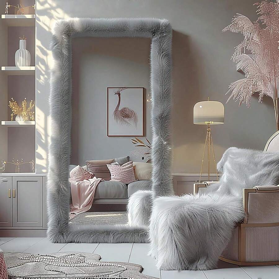Full Length Mirror Free Standing Furry Faux Fur Framed Full Body Floor Mirror Wall Mounted Leaning Hanging Wall For Bedroom Hallway Entrance, 63"X24", Gray,24331419,Selfie Mirror, Apartment Friendly - 深灰色 - 查看 1