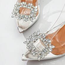 Fashionable Women's Pointed Toe Block Heel Sandals - Transparent Ankle Strap, Rhinestone Buckle, Faux Overlay Fabric And Rubber Sole, Perfect For Summer Parties And Events, High Heel Sandals - 銀色 - 查看 6