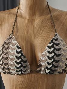 Bellisia Women All-Over Print Halter Twist Front Split Bikini Set For Summer Beach Vacation - Brown - View 4