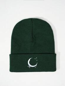 1pc Embroidered Moon Pattern Knit Beanie, Outdoor Cold-Proof Casual Versatile Winter Warm Hat Suitable For Daily Commute Accessories For Winter Mens Winter Clothing
