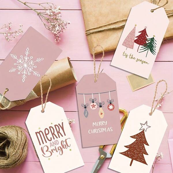 Paquete de 60 etiquetas de regalo de Navidad con cordón - Tarjetas de felicitación navideñas rosas para envolver regalos y decorar cajas - Etiquetas de papel festivas con diseños de Feliz Navidad, árboles y Papá Noel