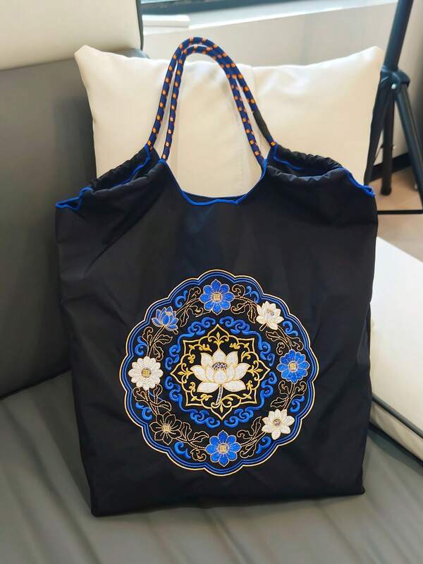 1 Stück Vintage Lotus Schwarz Nylon Große Kapazität Boho Stil Shopper, geeignet für Einkaufen, Reisen, Fotografie, Damen Einkaufstasche, Neues Design