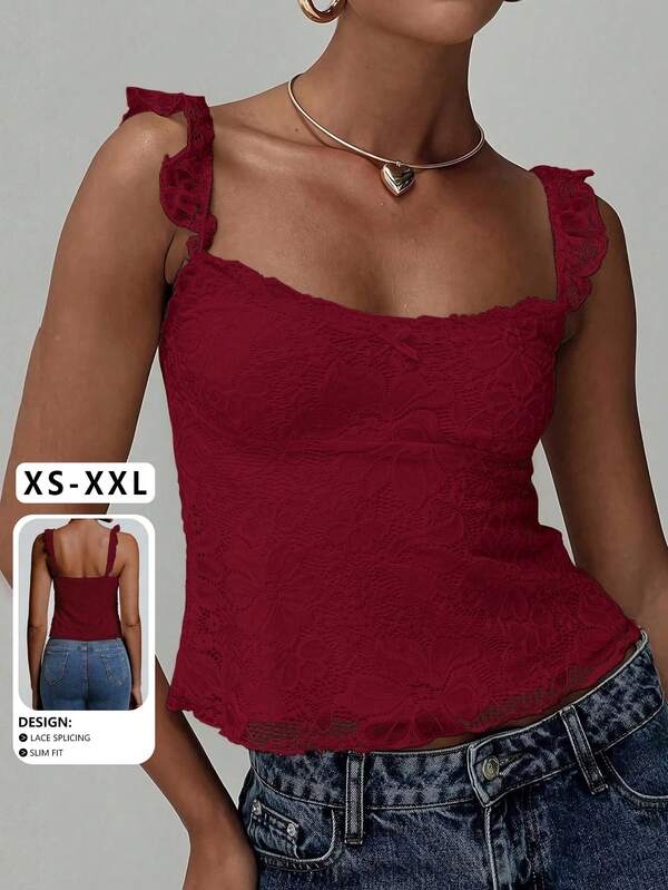 Parte superior sin mangas con diseño de encaje, volantes en los tirantes, decoración de moño y parches de encaje, nuevo lanzamiento para primavera/verano