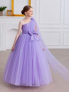 女童蝴蝶结肩部薄纱公主裙，适合生日派对、花童、婚礼、舞会、节日活动 - 淡紫色 - 查看 5