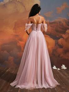 VIPGIRL New Elegant Off Shoulder Mesh Slit Luxury Evening Dress - Pink - View 2