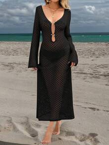 女士长袖镂空泳衣罩衫，优雅的波西米亚风海滩度假风格，V 领连衣裙