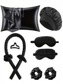 12件套睡眠美发造型工具套装，包含卷发棒、面部按摩器、1个加大双人枕套，适用于头发和皮肤，免加热卷发棒套装，夜间卷发棒，1个睡眠眼罩，1个缎面睡眠帽，女士面部按摩滚轮护肤工具，卷发器，免加热卷发