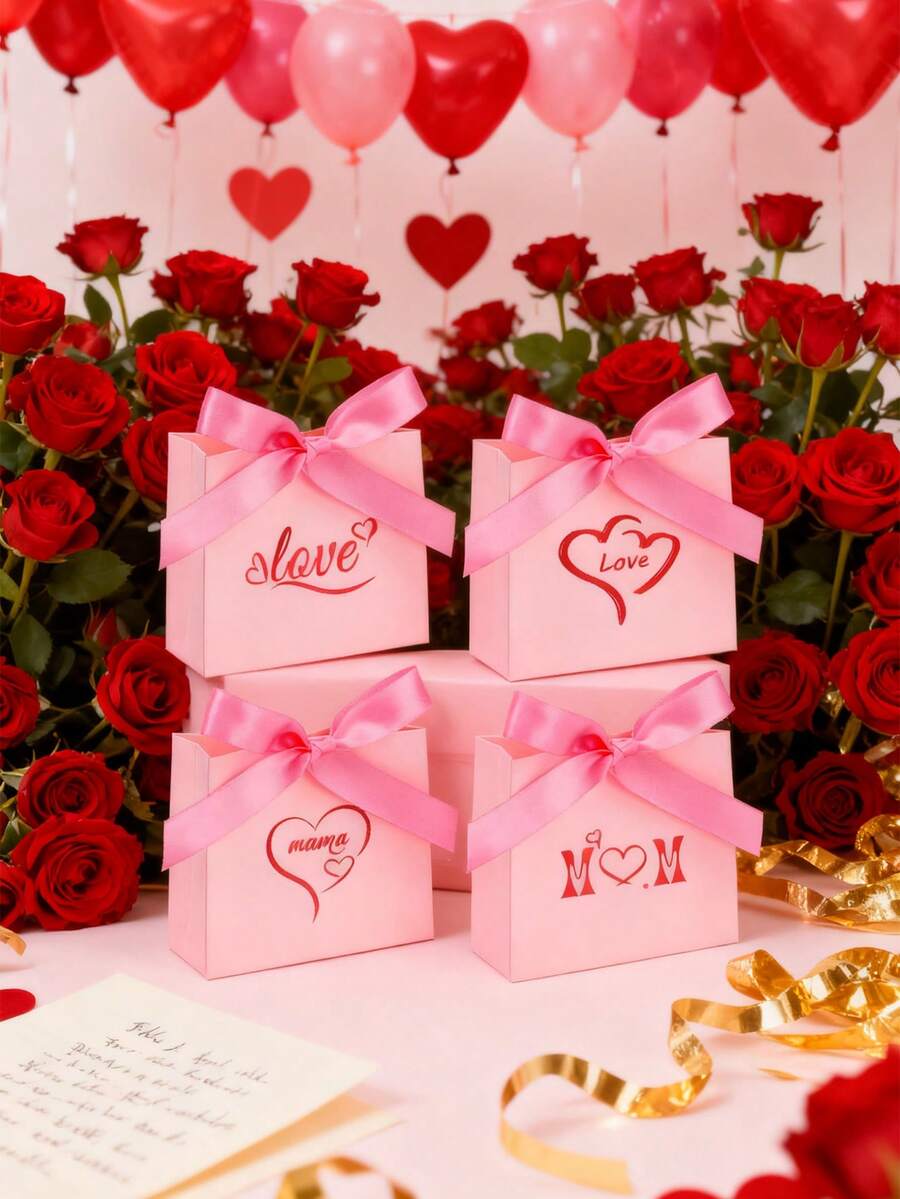 4 PCS Valentine's Day LOVE Candy Box, Valentine's Day Gift Box, Ribbon Gift Box, Wedding Candy Box, Party Gift Bag, Mother's Day Gift Box, Birthday Gift Packaging, Valentine's Day Decoration