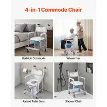 Bedside Commode Chair With Wheels, 350 Lbs Capacity, 4-In-1 Portable Toilet And Raised Toilet Seat With Padded Seat/Backrest/Flip-Up Footrest, Detachable 5L Bucket, Shower Wheelchair For Seniors - 350 Lb - View 2