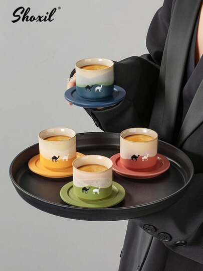 shoxil 一套陶瓷咖啡杯碟，中东风格沙漠骆驼图案，沙特风格茶杯、水杯、奶茶杯、脏杯子，适用于家庭、咖啡店、餐厅、庭院，亦可作为礼品赠送。
