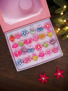 10/24 件儿童随机混色闪亮可爱戒指，女孩过家家装扮戒指，适合女儿、孙女、生日礼物、派对礼物的彩色戒指 - 彩色 - 查看 4