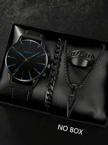 4pcs Men's Gift Set, Minimalist Scale Leather Quartz Watch, Arrow Pendant Necklace, Bracelet, Ring Set, With Round Dial And Synthetic PU Leather Strap, Suitable For Business Occasions, Birthday Gift - Black - View 9