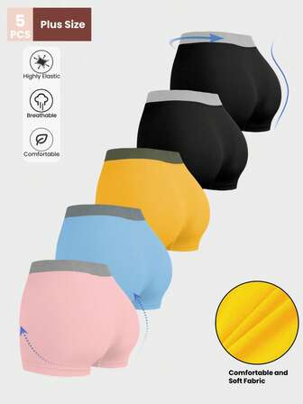 5pcs Plus Size Women's Seamless Minimalist Contrast Color Waistband Elastic Basic Panties, Soft & Comfortable Hipster Briefs