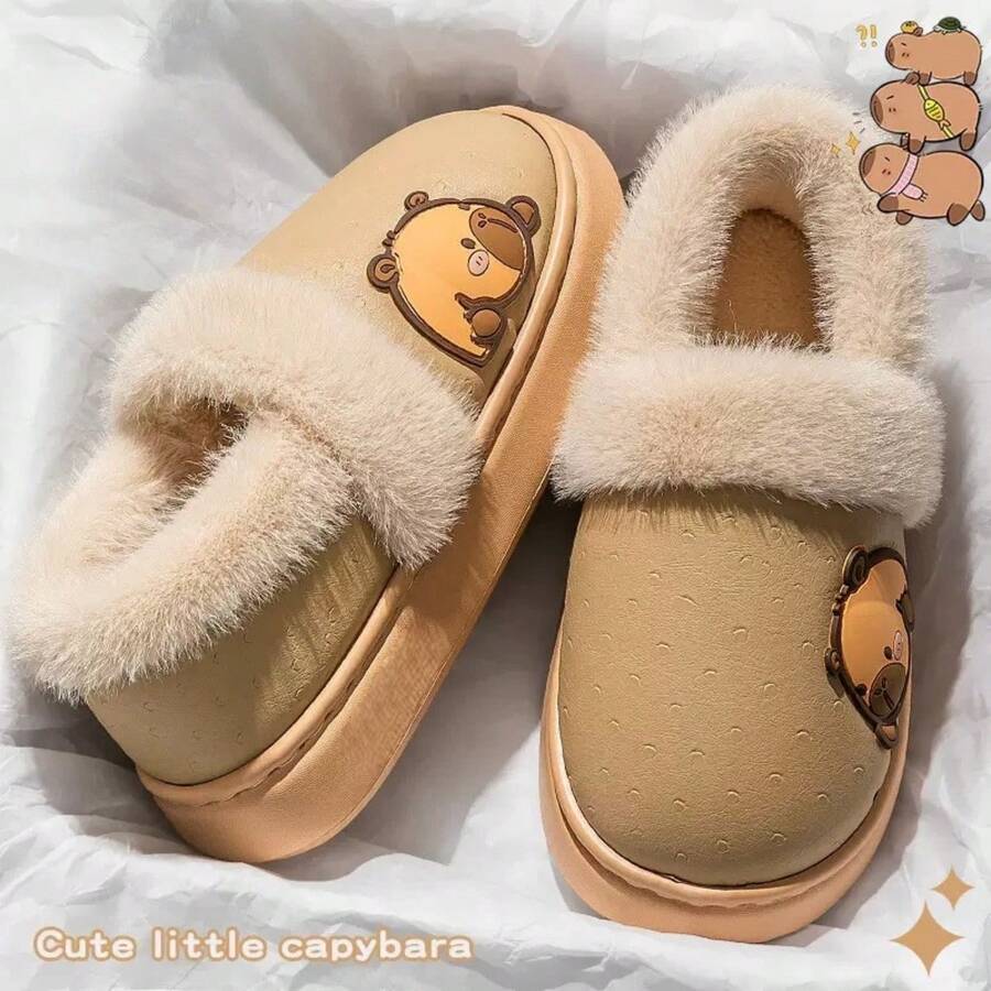 Cute Cartoon Women Slippers, Warm Thick Sole Fashion New Kapibar Plush Snow Boots, Slip-On Slip-On Couple Slippers, Soft Bottom Comfortable Winter Women Slippers For Outdoor And Indoor, Casual Versatile Men Slippers