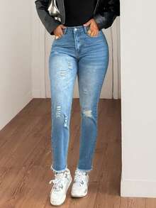 Y2K Straßen Crop Jeans mit Stretch, hoher Taille, Destroyed-Optik, ausgefranster Saum, Slim Fit, schräge Taschen, Denimhose, Bürooutfit Herbstmode für Frauen