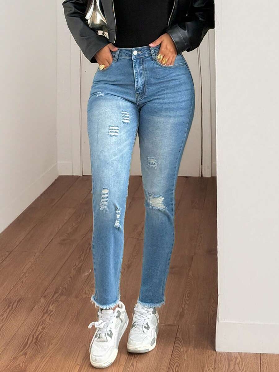 Y2K Straßen Crop Jeans mit Stretch, hoher Taille, Destroyed-Optik, ausgefranster Saum, Slim Fit, schräge Taschen, Denimhose, Bürooutfit Herbstmode für Frauen
